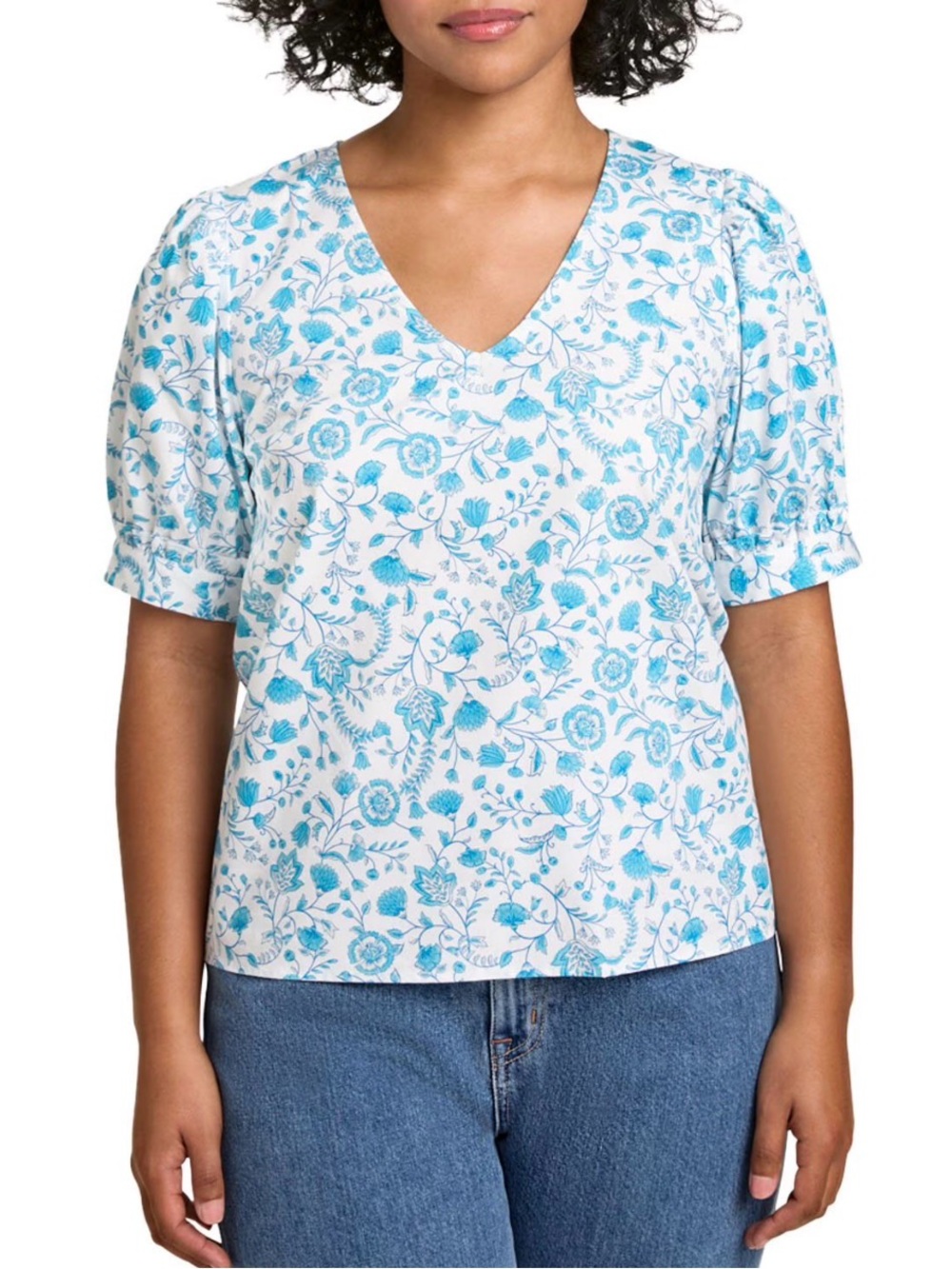 Women's 100% Cotton Draper James Blue Floral V-Neck Puff Sleeve Top Size Small